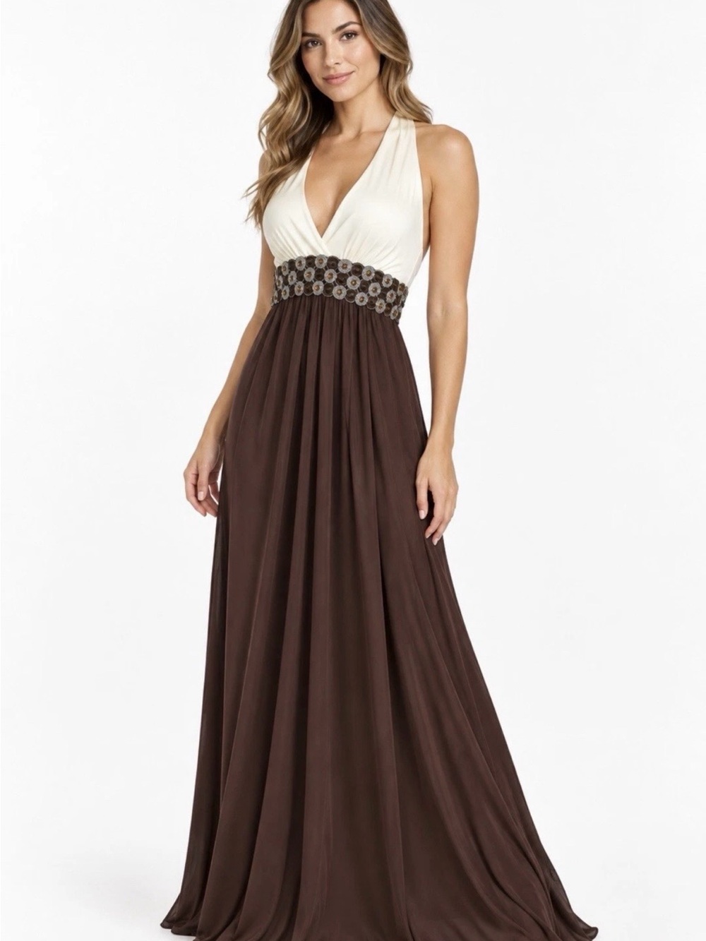 Brown & Ivory Embellished Empire Waist
Halter Maxi Gown Dress POLARIS Small